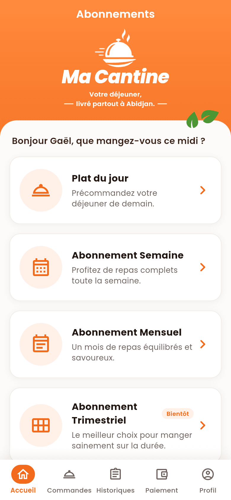 Accueil de l'app Ma Cantine
