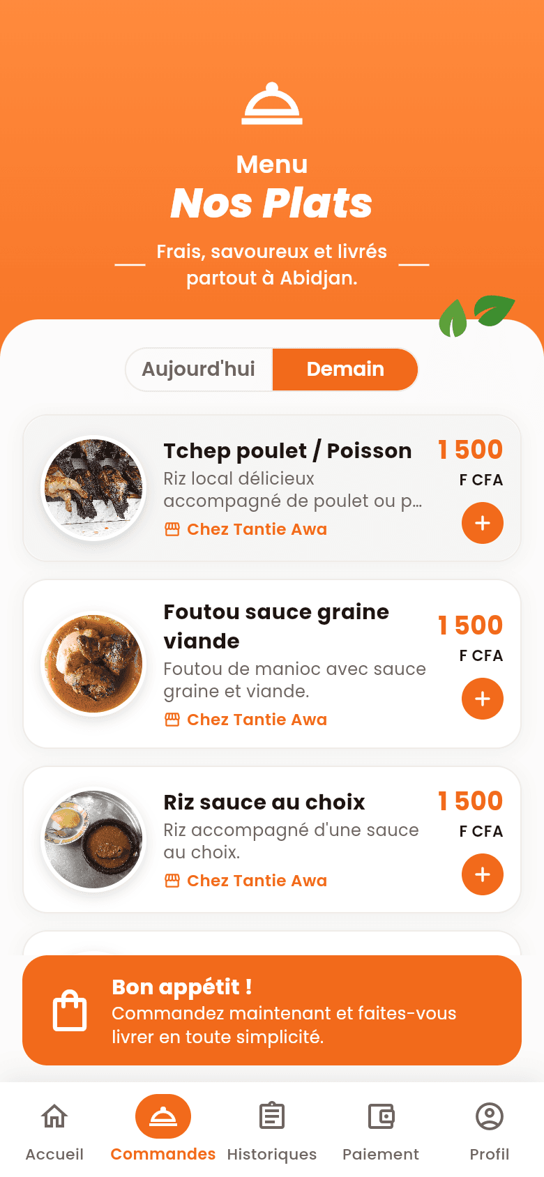 Menu « Nos Plats » de l'application Ma Cantine